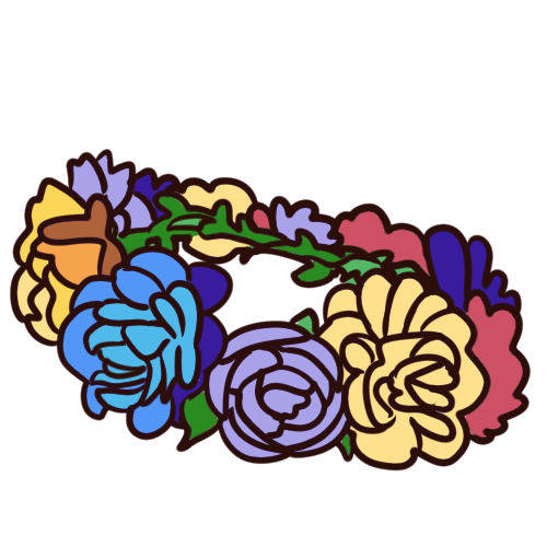 a flower crown of differently-colored roses (shades of yellow, blue, purple and pink), twined together with green stems and leaves.